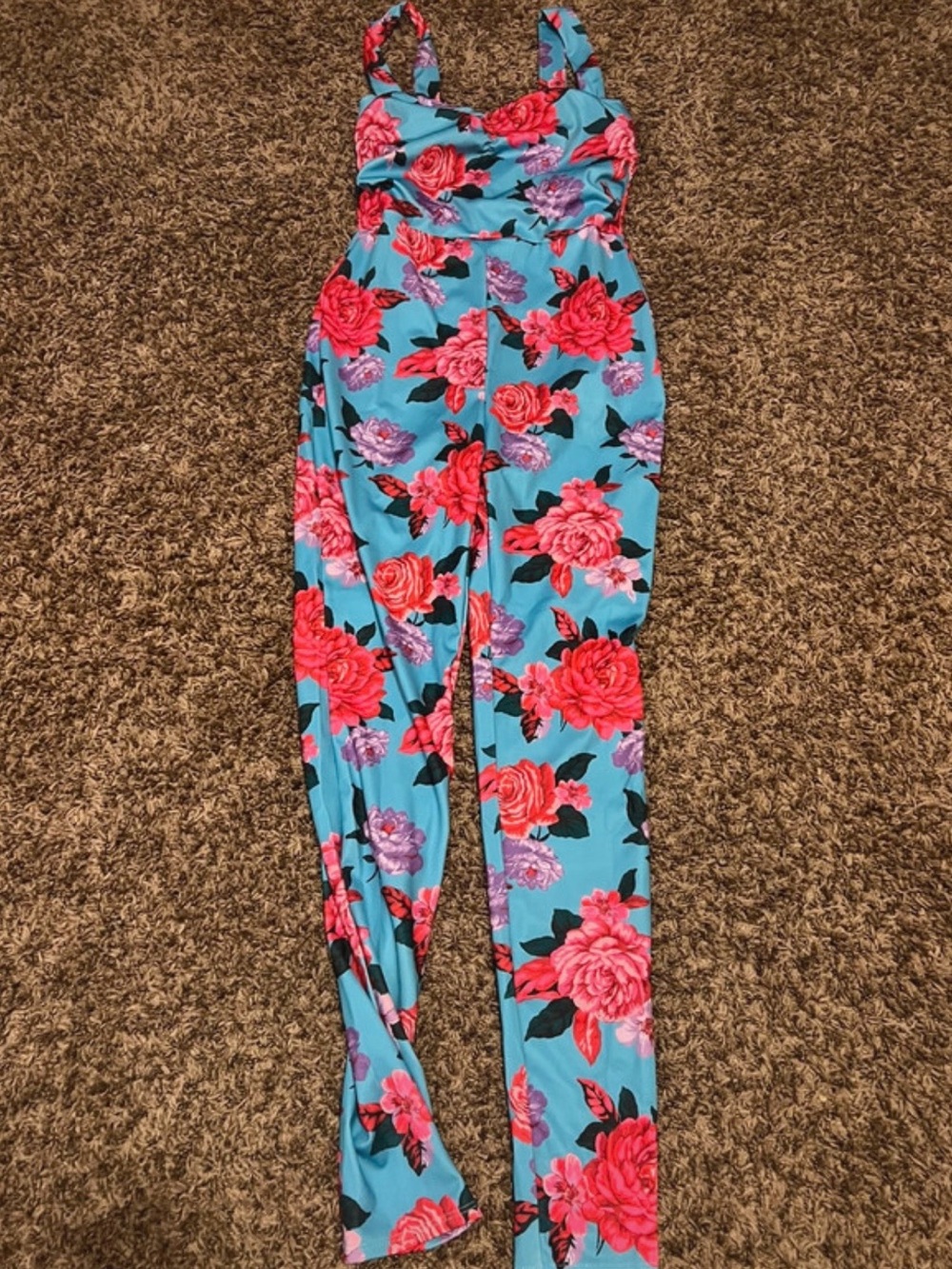 Forever 21 Turquoise Floral Jumpsuit with Pink & Purple Roses
